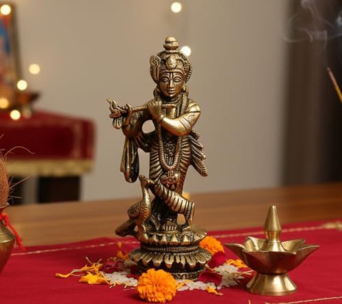 Image of ESPLANADE - Brass Kishan Krishna with Peacock Murti Idol Statue Sculpture - 5 inch inches for Pooja Mandir or Home Decor