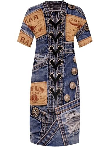 Image of SUZONANA Plus Size Denim Print Maxi Dresses for Women Casual V Neck Short Sleeve with Pockets Soft Jean Look Dress XL-6XL