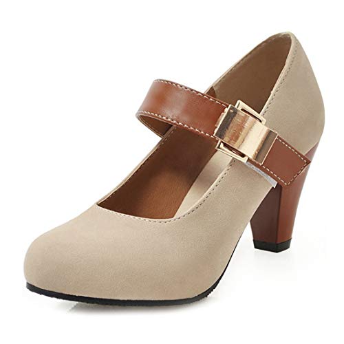 VOKLIN Women's Vintage Round Toe Mary Jane Pumps Buckle Platform Chunky Block High Heels Oxford Dress Shoes