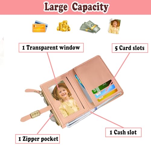 Girls Wallet, Cute Flowers Small Wallet for Kids with Credit Card Holder Cash Slot ID Window Zipper Coin Pocket, PU Leather Purses for Girls Women, with A Flower keychain2