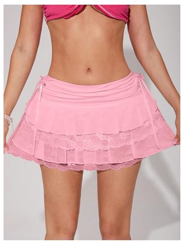 Women's Y2k Low Waist Lace Mini Skirts Layered Ruffled Swing A Line Skirt Skort3