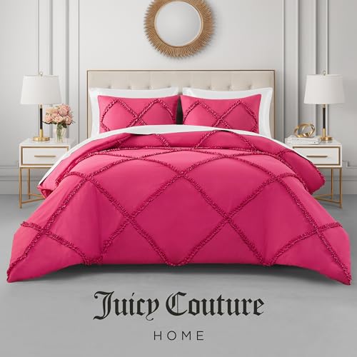 Image of Juicy Couture Diamond King Comforter Set - Ruffle 3-Piece Machine Washable Reversible Bedding Comforter Set, Hot Pink