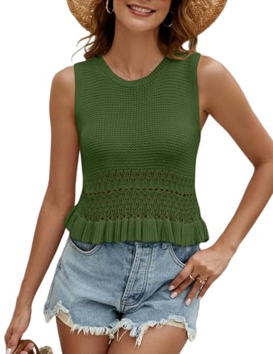 Image of CiCiBird Women Cute Crop Sweaters Vest Knit Sleeveless Pullover Tops Crochet Ruffle Hem Tank