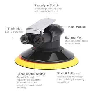 Professional Air Random Orbital Sander, 5-Inch Pneumatic Dual Action Palm Sander/Polisher, 10,000 RPM Variable Speed with Hook & Loop Pad for Auto Body, Woodworking & Metal (Black, 125mm)