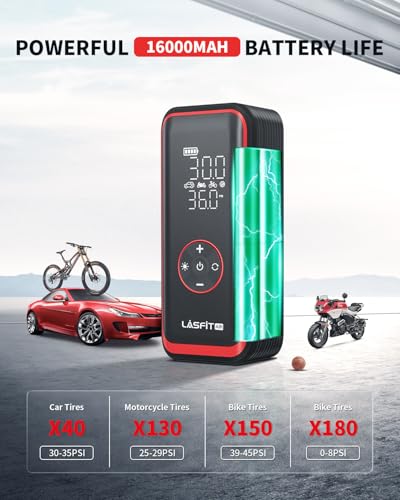 Image of LASFIT TK1 Pro Tire Inflator Portable Air Compressor [5X Faster Inflation] 150PSI Tire Inflator 16000mAH Battery Operated Air Pump for Car Tires with Digital Pressure Gauge, Smart Auto Stop