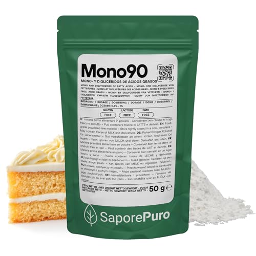 Saporepuro MONO90 – Mono y Diglicéridos destilados 50 g – Emulsionante Alimentario de Origen Vegetal para productos de panadería, pasta y patatas