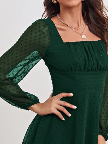 Image of Women's Polka Swiss Dots Square Neck Dress Lantern Long Sleeve Dress for Women Chiffon Mini Dress