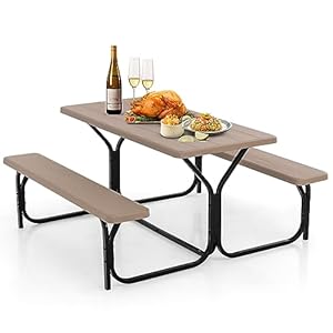 GYMAX Picnic Table, Picnic Bench Easy to Assemble w/All Weather Wood Grain Tabletop & Metal Frame, Picnic Tables for Outdoors Camping Backyard Deck Patio Poolside Dining Party GYMAX Picnic Table Picnic Bench Easy to Assemble wAll Weather Wood Grain Tabletop Metal Frame Picnic Tables for Outdoors Camping Backyard Deck Patio Poolside Dining Party
