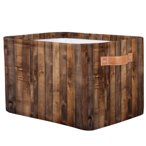 Image of Rustic Wooden Board Storage Baskets for Organizing, Fabric Collapsible Storage Bins Box Retro Decorative Toy Organizer Baskets for Closet Shelves Gift Basket 1 Pc