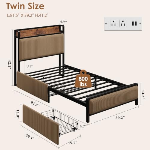 Image of GAOMON Twin Size Bed Frame with 2 Drawers and Charging Station, Brown