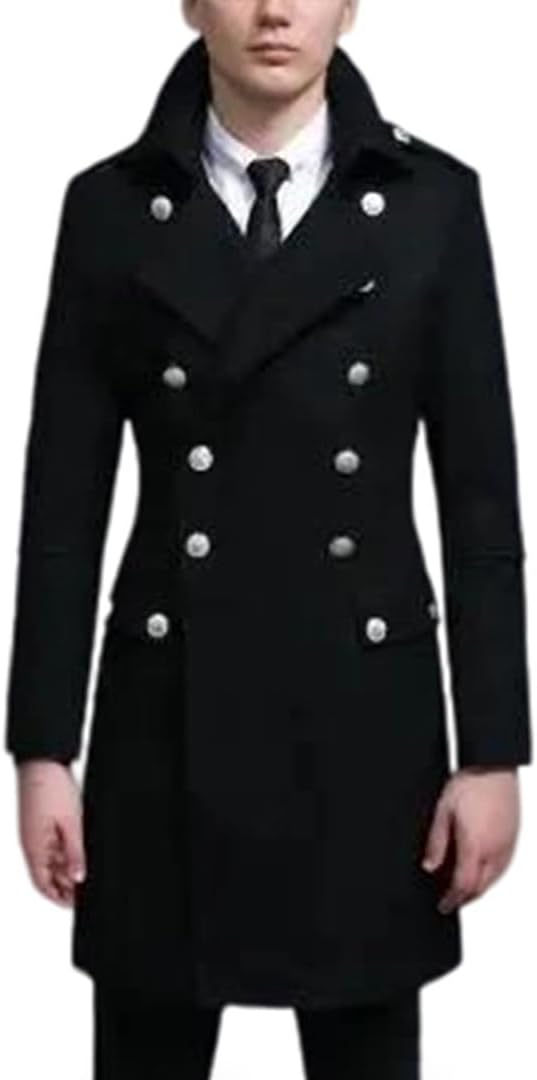 Men’S Double-Breasted Wool Coat – Military Style Cashmere Blend Pea Coat Thick Warm Slim Fit Winter Jacket