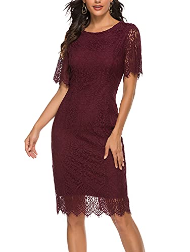 Merokeety LACE001-SHORTWINE-L Women'S Short Sleeve Lace Floral Cocktail Dress Crew Neck Knee Length thumb #1