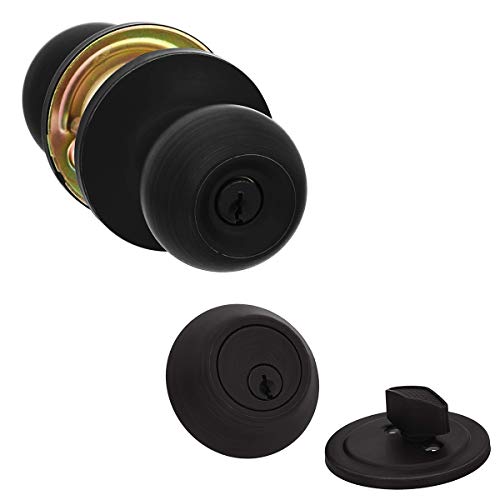 Amazon Basics Exterior Door Knob With Lock and Deadbolt, Standard Ball, Matte Black