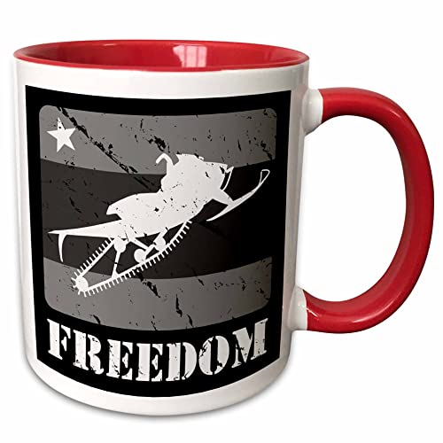 3dRose Grey scale Snowmobile, distressed graphics and text stating freedom 15oz Two-Tone...