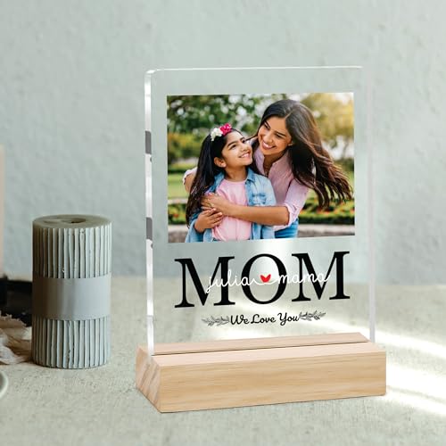 Image of Giftplease Customized Photo And Text Frame With Wooden Stand | Personalised Printed Photo Frame | Gift For Mom | Birthday | Mother's Day | Anniversary (Transparent, 5MM, 6 * 8 Inches), Tabletop
