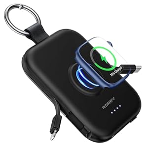 RORRY Portable Charger, 5000mAh Portable Charger Power Bank with Built-in Cables, Travel Keychain Battery Pack for Apple Watch Ultra/11/10/9/8/7/6/SE, iPhone Air/17/16/15/14/13/12, Black