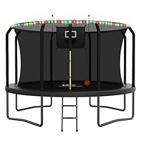 ACWARM HOME Trampoline Outdoor 14FT Trampoline with Basketball Hoop and LED Lights, Recreational Trampolines for Kids and Adults with Net and Ladder, ASTM Approved, Black