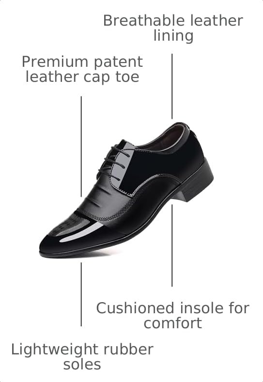 Image of Men's Trendy Patent Leather Tuxedo Dress Shoes Cap Toe Lace up Formal Business Oxfords Wedding Prom