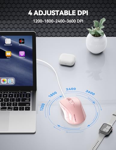 TECKNET USB Wired Mouse, 3600DPI Corded Computer Mouse with 4 Adjustable Levels, 6-Button 5FT Cord Ergonomic Mice, Home and Office Mouse for Laptop PC Desktop Notebook - Pink — view 3