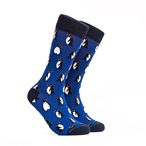 ZICCI Penguins Men Mid Calf Crew Socks Crazy Animals Design Casual Fancy 80 Cotton SIZE 9-13 Fun Colorful Art man (blue penguins)
