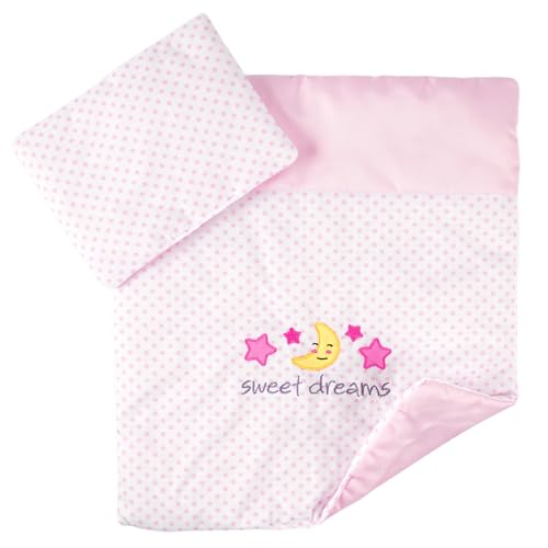 BABESIDE 2 Pcs Baby Doll Bedding Set for 12-15 Inch Dolls, Pink Polka Dot Baby Doll Blanket and Pillow Set with Cute Moon & Stars Pattern for Bitty Babydoll Accessories