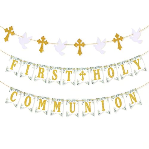 First Holy Communion Decorations Bunting - First Holy Communion Banner Cross Dove Garland for Christening Decorations for Boy Girls