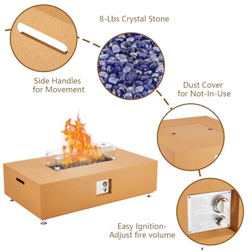 48 Inch Propane Fire Pit Table, 50000BTU Outdoor Rectangular Gas Firepit with Wind Guard, Glass Beads & Rain Cover, Add Warmth and Ambience On Patio Deck Garden, CSA Certified Fire Table, Orange