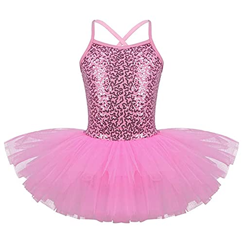 Attvn Child Dance Clothes Sequins Ballet Dress Short Sleeveless Cotton Ballet Leotard Tutu for Girls Kid Age 3-8 Year (125-135, Rosa) Cover