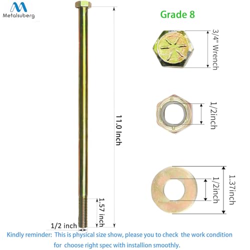 Image of 1 /2 inch x 11 inch Hex Head Bolt by Color Galvanization with Nylon Lock nut and Large Size Washer Assortment Kit,Alloy Steel,Grade 8.(4pcs Pack)