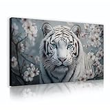 大型キャンバスウォールアートホワイトタイガービッグキャットペインティングポスター咲く桃の壁アートリビングベッドルームオフィスバスルームの壁の装飾40x70cmインナーフレーム