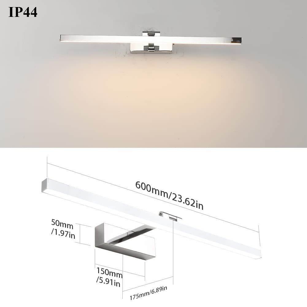 Klighten Luce Specchio Bagno Led 60cm Girevole di 180°, 18W 1170 Lumen, Impermeabile IP44 Lampada da Specchio Bagno, Applique Bagno Specchio Moderno, Bianco Caldo 3000K, Cromo