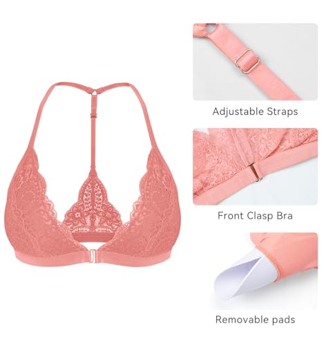 Image of SHEKINI Women's Embroidered Triangle Bra Front Closure Plunge Wireless Lightly Lined Lace Bralette Top