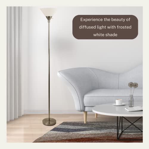 Metro Modern Floor Lamp 72" Tall Floor Light Brushed Nickel Metal With White Shade - Stand Up Lamp - Uplight Pole Light Standing Lamp Floor Lamp For Bedroom Silver Floor Lamps For Living Room #TOP3