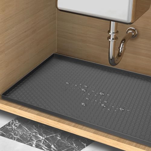 Under Sink Mat, Kitchen Waterproof Cabinet Tray - 34" x 22" Flexible Silicone Under Sink Liner with Drain Hole Design - Kitchen Bathroom Cabinet Mat and Protector for Drips Leaks Spills Tray(Black)