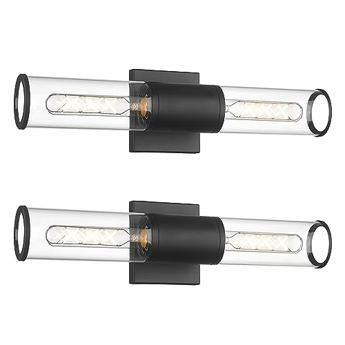 Image of Black Vanity Light Set of 2, 2 Light Modern Bathroom Light Fixtures Over Mirror with Clear Glass Shade, Up and Down Indoor Wall Sconce for Bathroom Bedroom Hallway, VL834-MB-2PK