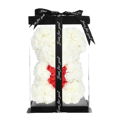 ZENZERO® - ORSO ROSA - ORSETTO ricoperto di ROSE in PE - Orsacchiotto in Confezione Regalo - Dimensioni 10" (26x17cm) - Pezzi: 1 - disponibili vari COLORI - Colore: (BIANCO CUORE ROSSO)