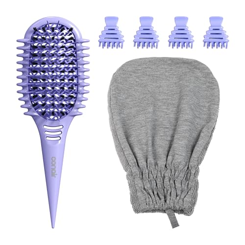 Image of Conair Curl Care Essentials Kit, Brush for Loose Curls, Mitt, & 4 Clips | Complete curly hair care kit: detangling brush, microfiber drying mitt, styling root clips, ideal for curl care beginners.