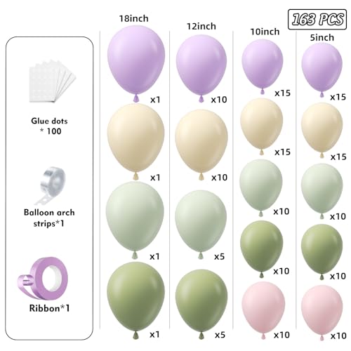 Image of Pastel Balloon Arch Garland Kit 154pcs, Double Stuffed Light Green Sage Green Purple Yellow Macaron Pink Balloons Arch Kit for Wildflower Baby Shower Wedding Birthday Party Decorations