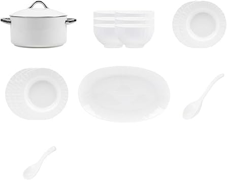 White Porcelain Dinnerware Set Dish Set Tableware Set with Plates Bowls Spoons Service for 4 6 8 10 12 Microwave Safe Dishwasher Safe Plates Bowls Spoons Dinner Plates Kitchen