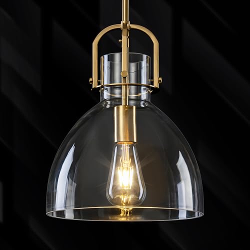 Bosomfr Modern Glass Shade Pendant Light Kitchen Island 10" – Hand-Blown Hammered, Gold Finish, Adjustable Boom Ceiling Light for Living Room, Dining Room, Hallway