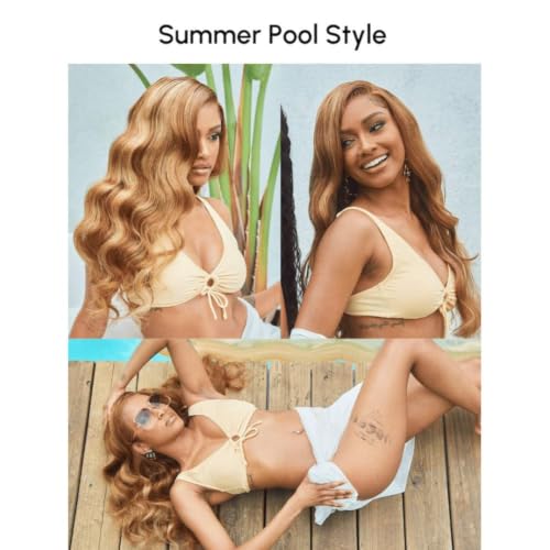 Image of Beauty Forever Bye Bye Knots Honey Blonde Highlight Glueless Wig Pre Plucked Pre Cut 3D Body Wave 7x5 Lace Front Wig Human Hair HD Lace Closure Wig Pre Bleached for Women 150% Density 24 Inch