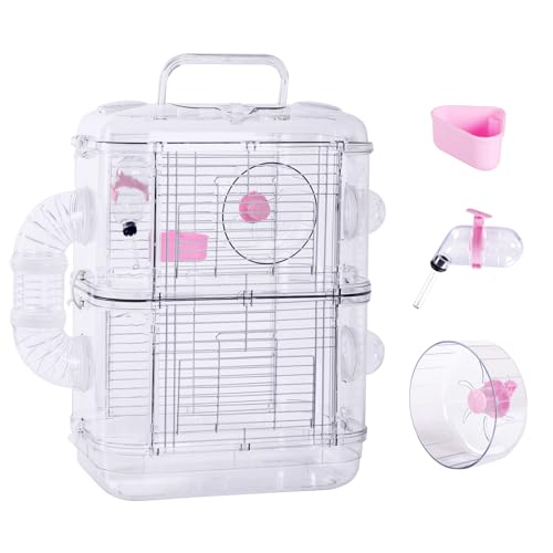 Jaula para hámsteres: grande, jaulas para ratas con doble piso, rueda de hámster y batalla de alimentos/agua, tamaño 32 x 20 x 41 cm