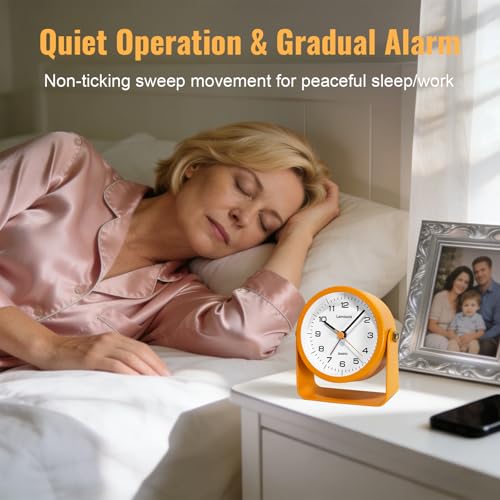 Image of Lamisola 3.5 Inch Bathroom Clock, Small Alarm Clock for Bedroom, Orange | Battery Travel Desk Table Analog Clock for Kids Seniors Teens, Retro Cute Metal Home Decor Shelf Clock, Night Light Snooze