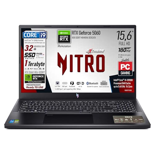 Notebook Gaming, Intel Core i9-13900H, NVIDIA GeForce RTX 5060 8GB GDDR7, RAM 32Gb, SSD 1Tb, 15.6" FHD IPS 180Hz, Wi-Fi 6e, Lan, Thunderbolt, USB-C, Win 11Pro, ready to use - Notebook - Immagine 2