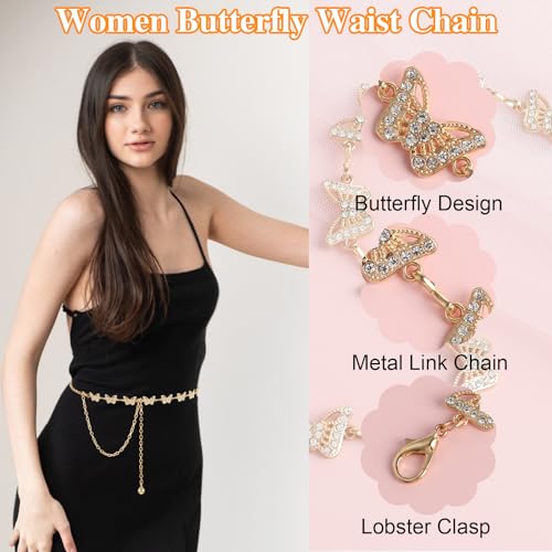 Women Butterfly Waist Chain, Metal Rhinestones Waist Belt for Dresses2