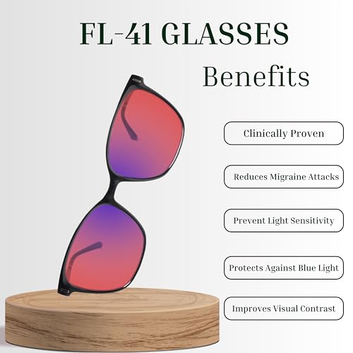 Image of Clarte Jet Black FL-41 Glasses - Advanced Migraine Relief & Light Sensitivity Eyewear, Blue Light Filter, Rose Tint Glasses, Comfort Fit, Unisex, UV Protection