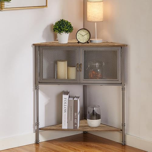 Image of VECELO Corner Cabinet/Table, 3-Tier Display Shelves with Protection Door, Metal Frame Storage Shelf Organizer for Small Space, Living Room, Kitchen, Bathroom