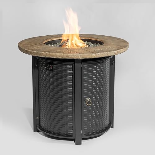 AJ ENJOY 30'' Concrete Round Gas Fire Pit, 50,000 BTU Steel Outdoor Fire Tables, Fire Table with Lid, Add Warmth & Ambience to Gatherings and Parties On Patio Deck Garden Backyard.