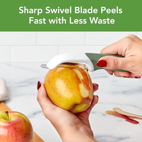 Image of Tovolo Vegetable Peeler with Ultra Sharp Stainless Steel Swivel Blade Non Slip Handle, Multi Functional Dishwasher Safe Kitchen Wide Ribbon Potato Peeler for Fruit Veggies Carrots Apples, Thyme Green