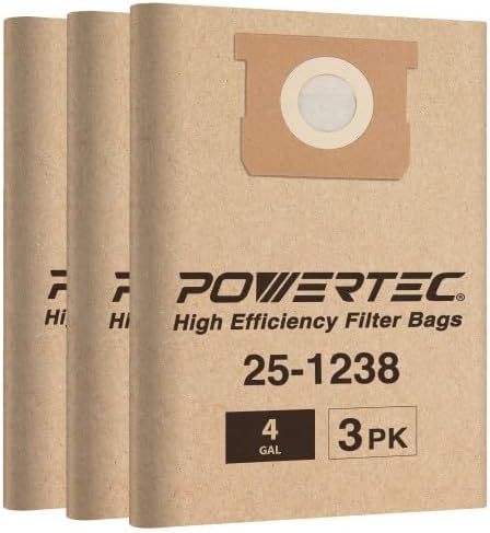 POWERTEC 75051 Bolsas de filtro para Stanley 25-1238, Porter Cable PCX18301-4B, SL18301-3B Aspiradora húmeda y seca de 4 galones, paquete de 3